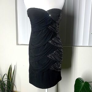 Black and silver metallic ruched strapless  heartshape top mini party dress XL